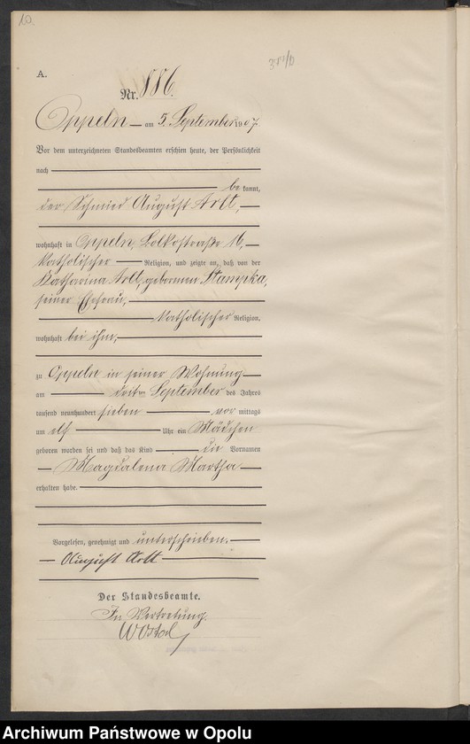 image.from.unit.number "Urząd Stanu Cywilnego w Opolu 1907 Rejestr Urodzeń miejscowa Nr 878 do 1277"