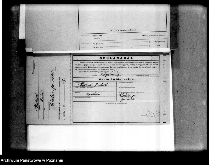 Obraz 19 z jednostki "Korespondencja w sprawach organizacyjno-personalnych Obozu Zjednoczenia Narodowego - podanie w sprawie poparcia, opinii, zaproszenia i powiadomienia o zebraniach, deklaracje"