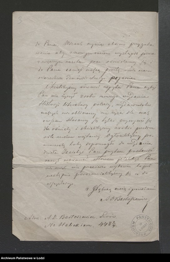 image.from.unit.number "[List Adama Bartoszewicza wydawcy i redaktora czasopisma "Mrówka" we Lwowie do Juliana Bartoszewicza]"