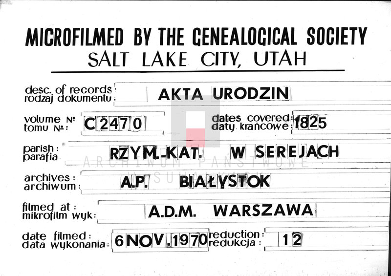 image.from.unit.number "Akta urzędnika stanu cywilnego gminy i parafij sereyskiey urodzonych od dnia 1-go stycznia 1825 do ostatniego grudnia tegoż roku"