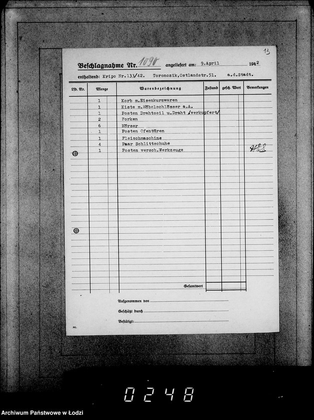 Obraz 17 z jednostki "Kripo 911-1100 [Kartoteka skonfiskowanego majątku ruchomego u Żydów]"