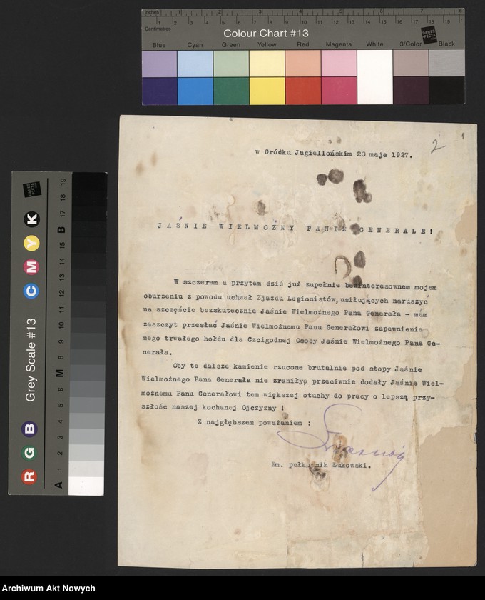 image.from.unit.number "Łukomski Stefan, emerytowany pułkownik, adwokat. Potępienie uchwały Zjazdu Legionistów skierowanej przeciw W. Sikorskiemu. Życzenia."