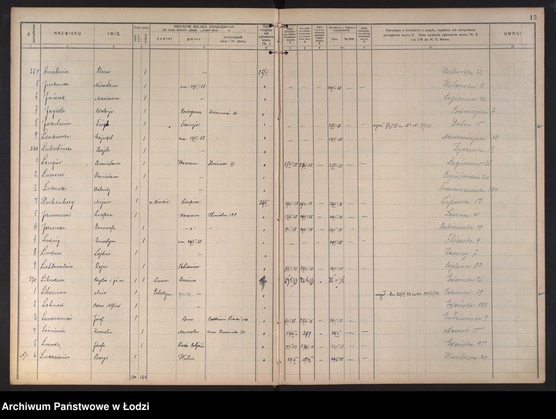 Obraz 16 z jednostki "Księga kontroli ruchu ludności (rejestr osób opuszczających gminę) Łódź, zespół III, lit. H, I, J, L, Ł"