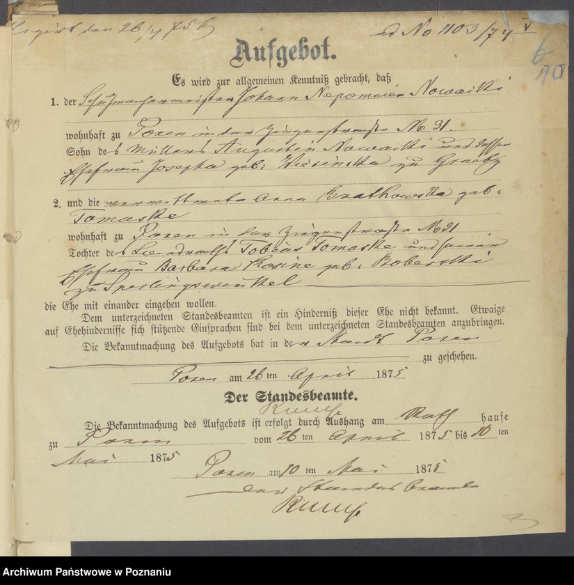 Obraz 12 z jednostki "Die von den Verlobten beigebrachten Urkunden zur Eheschliessung pro 1875"