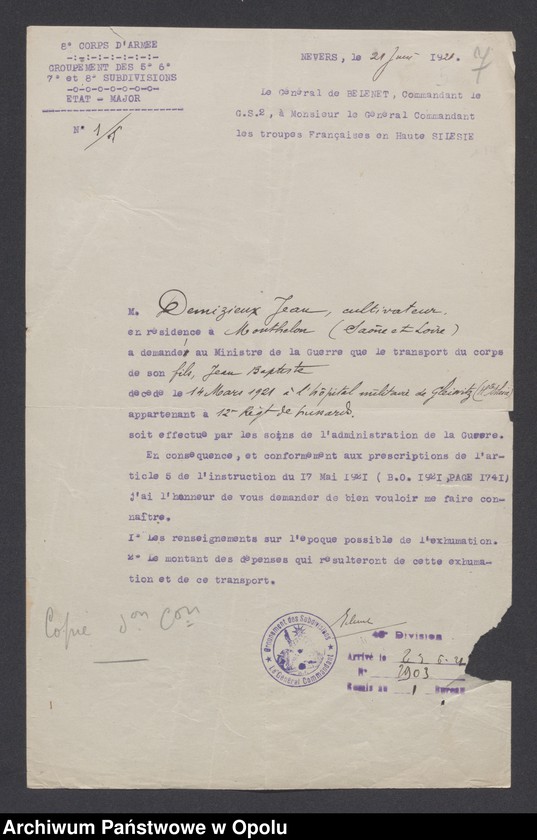 Obraz 9 z jednostki "Service de Sante-Evacuations Hopitaux-Hygiene des Troupes-Prostitution /Korsepondencja z zakresu służby zdrowia, ewakuacja, szpitale, higiena, prostytucja/ 14.06.1921 - 5.07.1922"