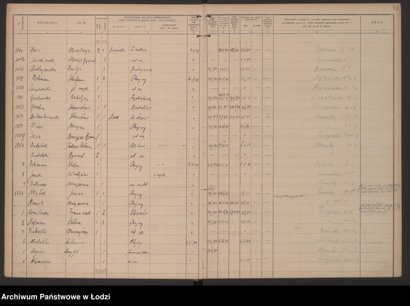 Obraz 17 z jednostki "Księga kontroli ruchu ludności (rejestr osób przybywających do gminy) Łódź, komisariat XIII, nr 1-1466, nr 1-1559"