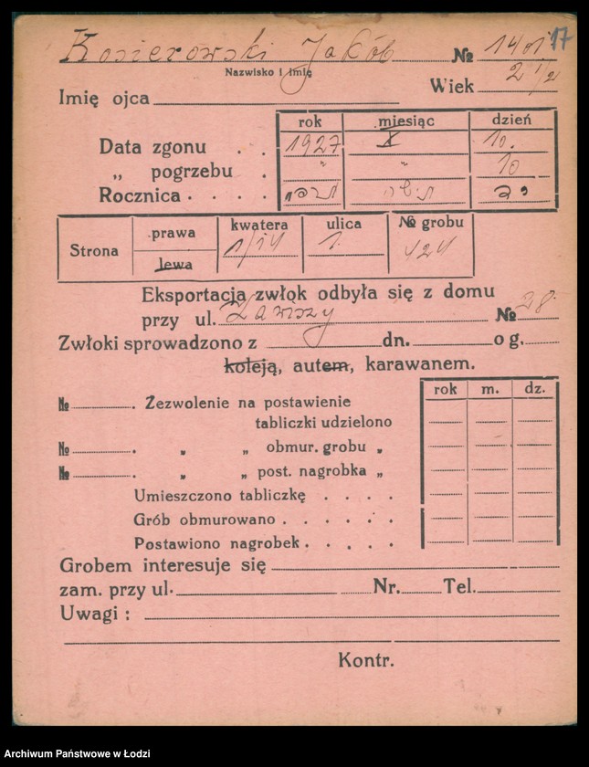Obraz 18 z jednostki "Kartoteka osób pochowanych na cmentarzu żydowskim przy ulicy Brackiej w latach 1892-1959. Nazwiska na litery: Kos-Kra"
