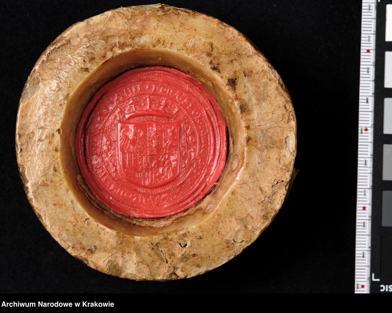 image.from.unit.number "Bona Sforza. Królowa Polski, Wielka Księżna Litewska. W polu pieczęci ukoronowana tarcza czteropolowa z herbami: polskim (prawe górne pole), Wąż Sforzów i Orzeł (lewe górne), herb mediolański i aragoński (prawe dolne), Pogoń (lewe dolne) tarczę otaczającą elementy roślinne. Otok ujęty w sznury perełek z napisem kapitalnym, renesansowym: BONA SFOR[TIA] ARAG[ONIA] D[EI] G[RATIA] REGINA POLONIE MAG[NA] DVX LITVANIE"