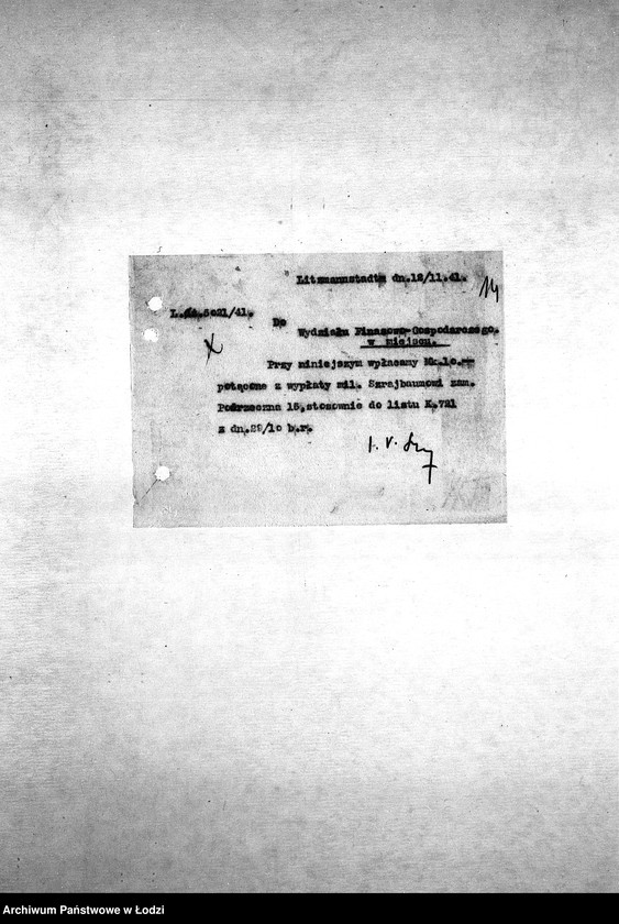 Obraz 17 z jednostki "[Korespondencja z Wydziałem Finansowo-Gospodarczym, Wydziałem Aprowizacji, Wydziałem Kart – różne sprawy]"