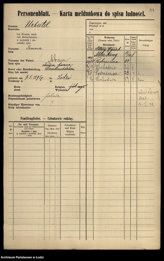 Obraz 13 z jednostki "[Spis ludności Łodzi] Urbach - Urbanowski"