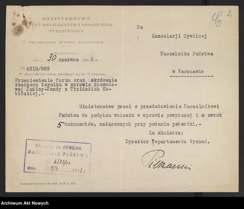 image.from.unit.number "Przeniesienie forum sądowego spraw rozwodowych do Sądów Konsystorskich Ewangelicko - Augsburskiego i Ewangelicko - Reformowanego oraz skrócenie rocznego terminu zapozwu w sprawach rozwodowych, rozpatrywanych przed najwyższymi sądami. Reskrypty Naczelnika Państwa, wnioski, korespondencja z Min. Wyznań Religijnych i Oświecenia Publicznego"