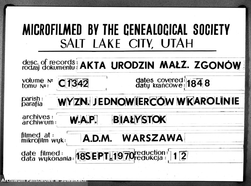image.from.unit.number "Duplikat Akt Cywilnych z Parafii Jednowierców Karolin za rok 1848"