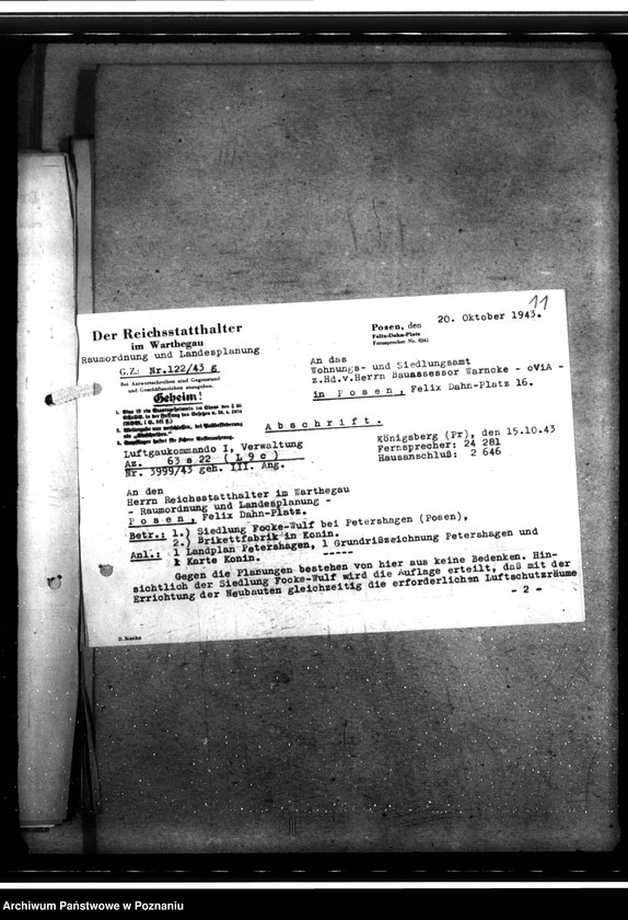 Obraz 18 z jednostki "Bau von Behelfsheimen bei den Focke - Wulfwerken - Kreising. Lagepläne (Krzesiny powiat Poznań)"