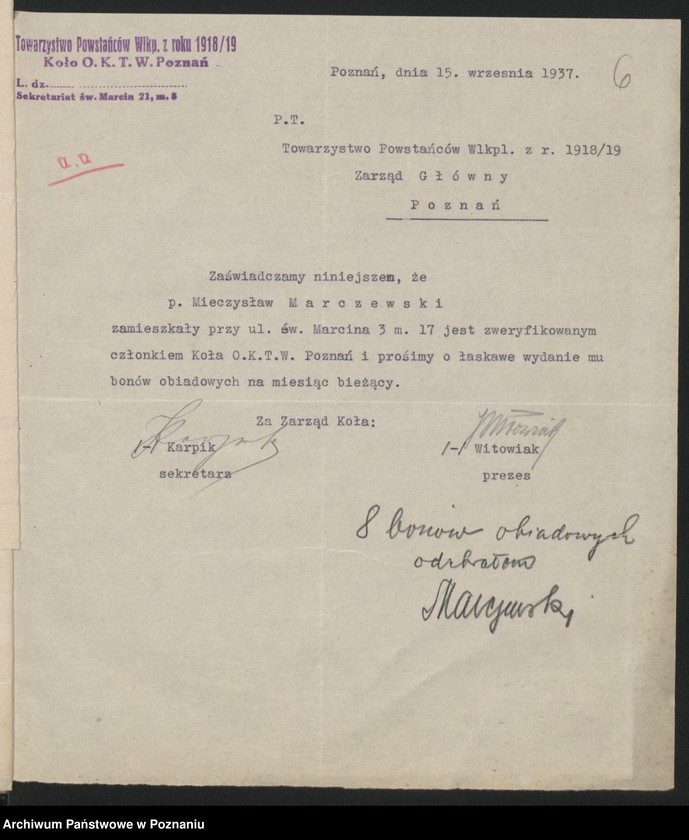 Obraz 9 z jednostki "Koło Obwodowej Komendy Transportu Wojskowego - Poznań korespondencja [Obwodowa Komenda Transportów Wojskowych]"