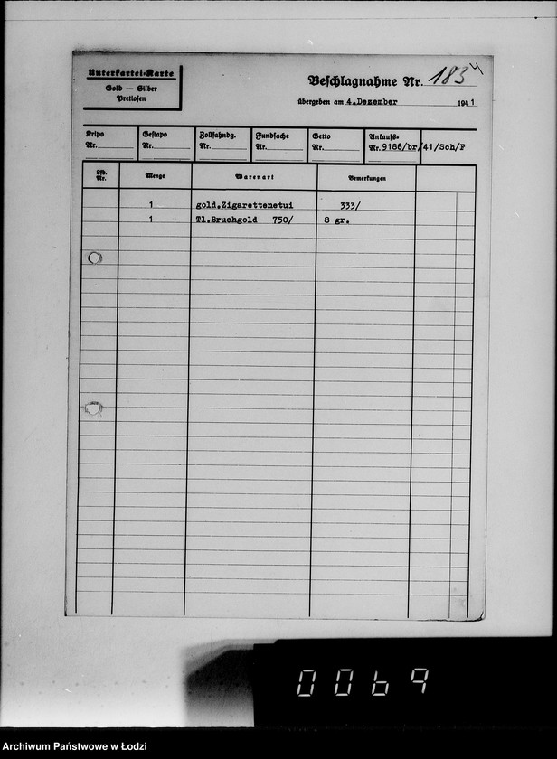 Obraz 8 z jednostki "Ankauf vom J.A.[Kartoteka dostaw skonfiskowanych kosztowności]"