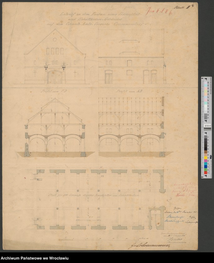 Obraz 1 z jednostki "Entwurf zu dem Neubau eines Schafstall- und Schüttboden-Gebäudes auf dem Charite Amts Vorwerke Crummendorf. Blatt II"