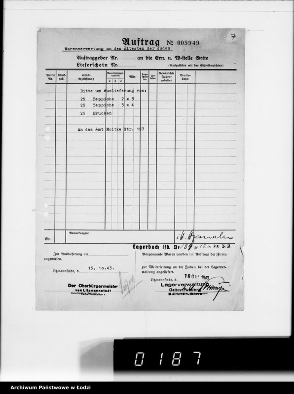 Obraz 11 z jednostki "Warenverwertung am Lager 91. [Aufträge] 5901-5950"