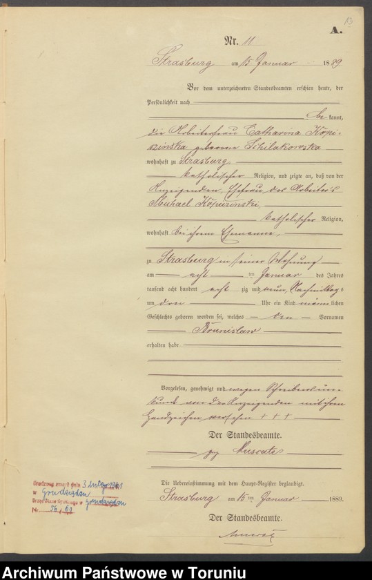 image.from.unit.number "Geburts-Neben-Register Strasburg W/Pr. für das Jahr 1889"