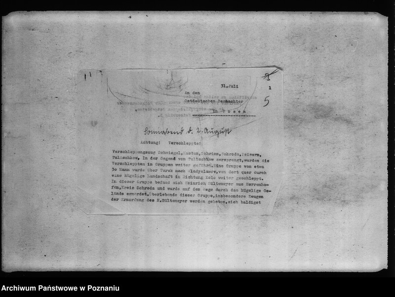 Obraz 9 z jednostki "Anzeigen im Ortdentuhen Berbachter am 2.8.1941 bert. Lültemeger - Herrenhofen, b. Schroda (Środa)"
