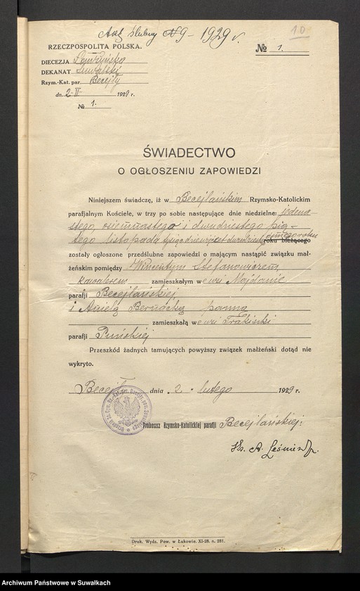 image.from.unit.number "Aneksy dp aktów zaślubionych rz.kat. parafji Puńsk (pow. Suwalskiego) za rok 1929"