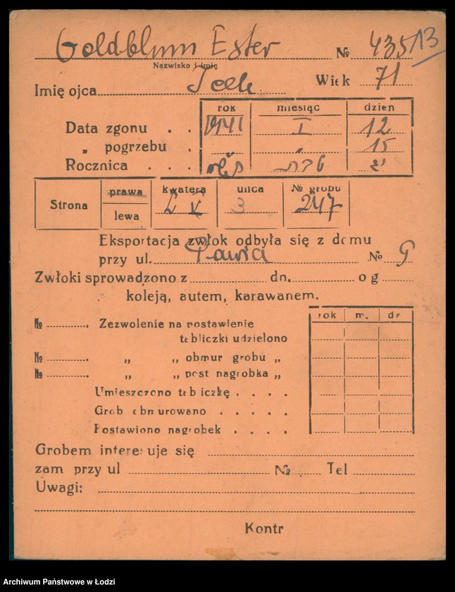Obraz 14 z jednostki "Kartoteka osób pochowanych na cmentarzu żydowskim przy ulicy Brackiej w latach 1892-1954. Nazwiska na litery: Goldbl-Goldsz"
