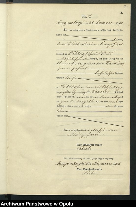 Obraz 11 z jednostki "Geburts-Neben-Register des Standesamts Langendorf pro 1891"