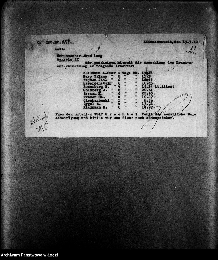 Obraz 14 z jednostki "Schuhmacher-Abteilung [Zasiłki chorobowe dla pracowników wydziału, listy pracowników, zaświadczenia lekarskie]"
