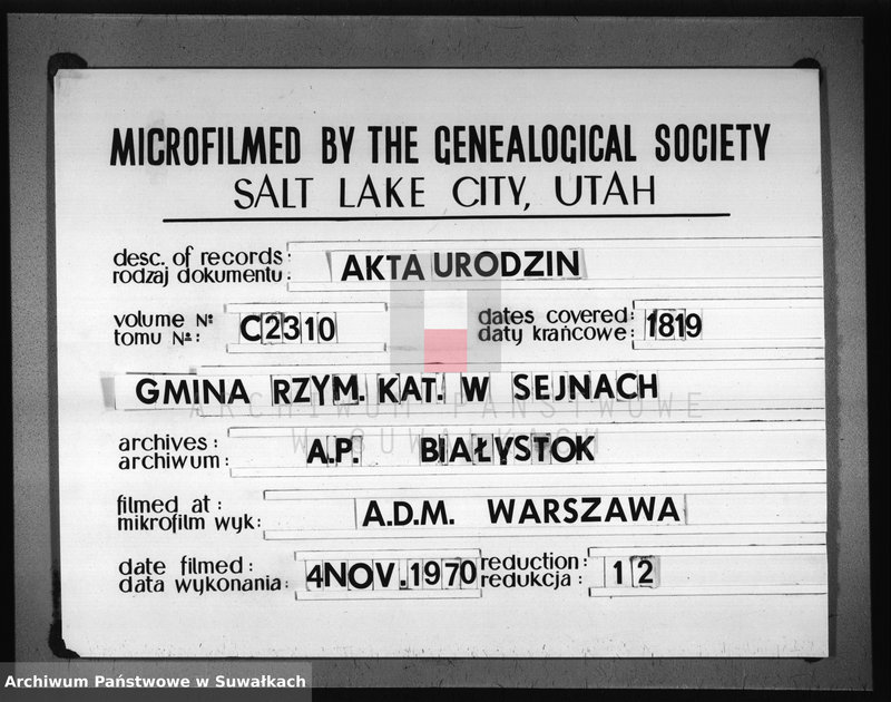 image.from.unit.number "Akta urodzonych stanu cywilnego gminy seyneńskiey od 1-go stycznia 1819 roku."
