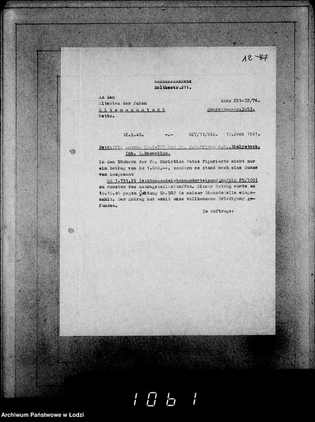 Obraz 16 z jednostki "J.721-740 [Wnioski Żydów z Getta o zwrot należności za dostarczony towar]"