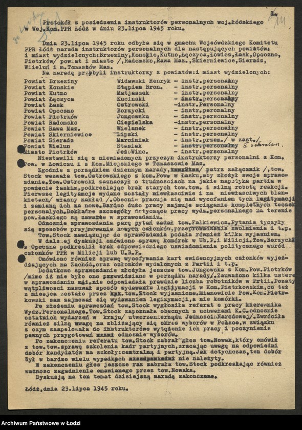 Obraz 15 z jednostki "Protokoły narad instruktorów [personalnych] komitetów powiatowych i miejskich [z załącznikami]"