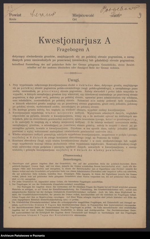 Obraz 9 z jednostki "[Kwestionariusze dotyczące stwierdzenia gruntów znajdujących się po polskiej stronie pogranicza a zarządzanych przez zamieszkałych po stronie niemieckiej] powiat leszczyński"