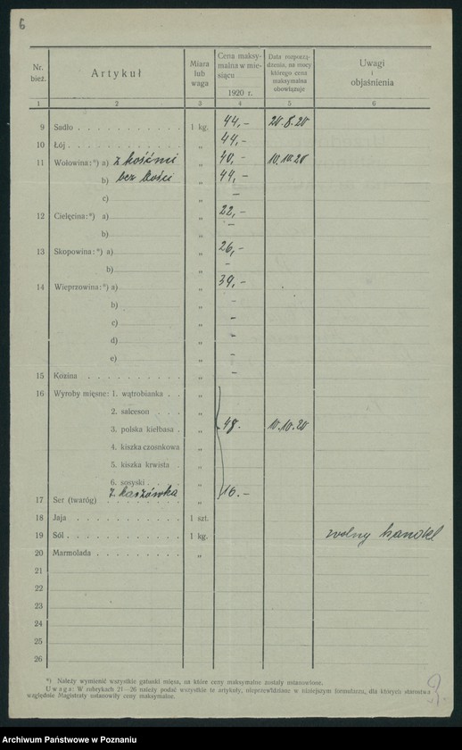 Obraz 8 z jednostki "[Wykazy urzędowo ustanowionych cen maksymalnych na artykuły pierwszej potrzeby na terenie Województwa Poznańskiego za miesiąc październik 1920 roku]"