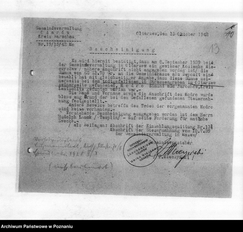 Obraz 18 z jednostki "Beurkundung des Sterbefalles des Landwirts Edmund Modro (Ogrodzona, powiat łęczycki)"