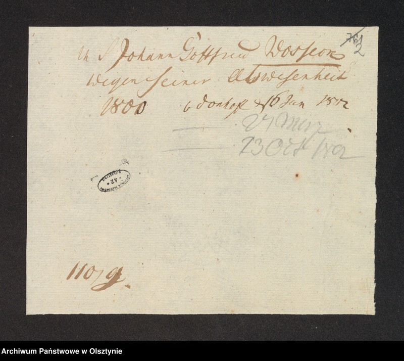 image.from.unit.number "In S. [Sachen] Johann Gottfried Wosseck [Woszeck] wegen seiner Abwesenheit"