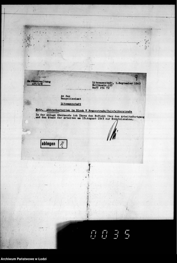Obraz 13 z jednostki "Abbrüche im Getto. [Korespondencja w sprawie rozbiórki domów w Getcie, miesięczne zestawienia wykonanych prac, wykazy zatrudnionych przy pracach rozbiórkowych]"