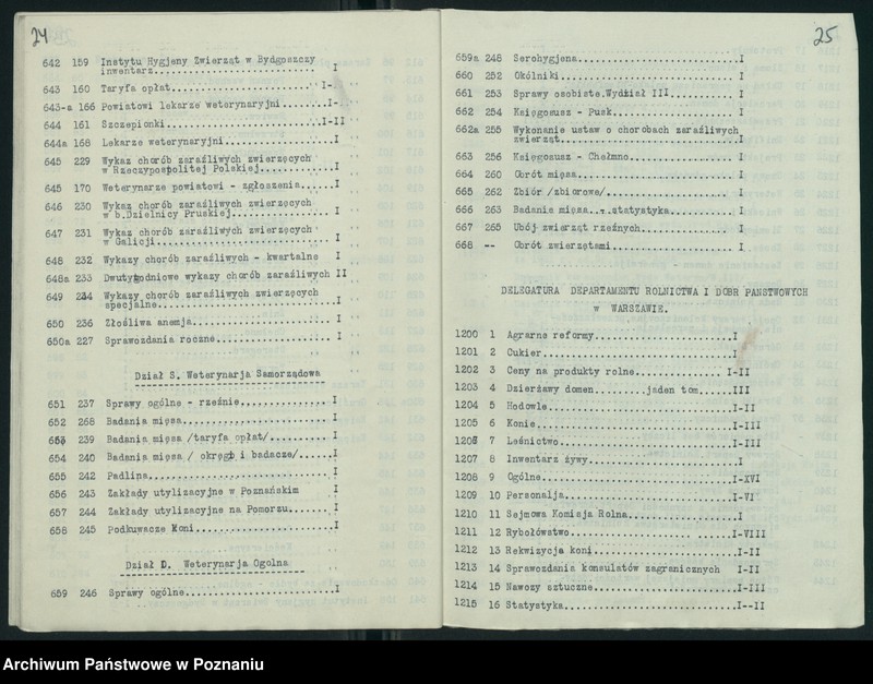 Obraz 16 z jednostki "Wykaz zdawczo-odbiorczy akt Departamentu Rolnictwa i Dóbr Państwowych byłego Ministerstwa byłej Dzielnicy Pruskiej przekazanych przez Ministerstwo Rolnictwa i R.R. do Archiwum Państwowego w Poznaniu. Tomów 878"