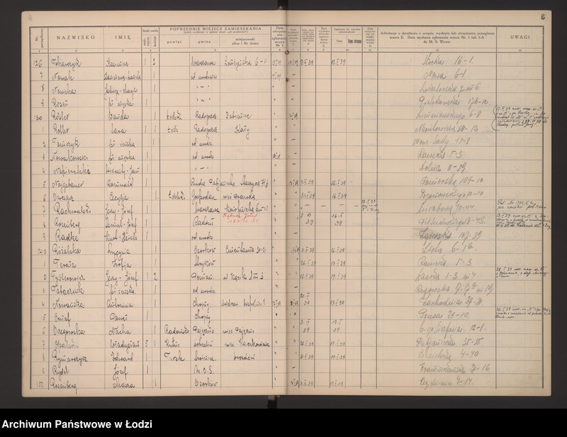 Obraz 10 z jednostki "Księga kontroli ruchu ludności (rejestr osób przybywających do gminy) Łódź, zespół VI, lit. N, O, R, T"