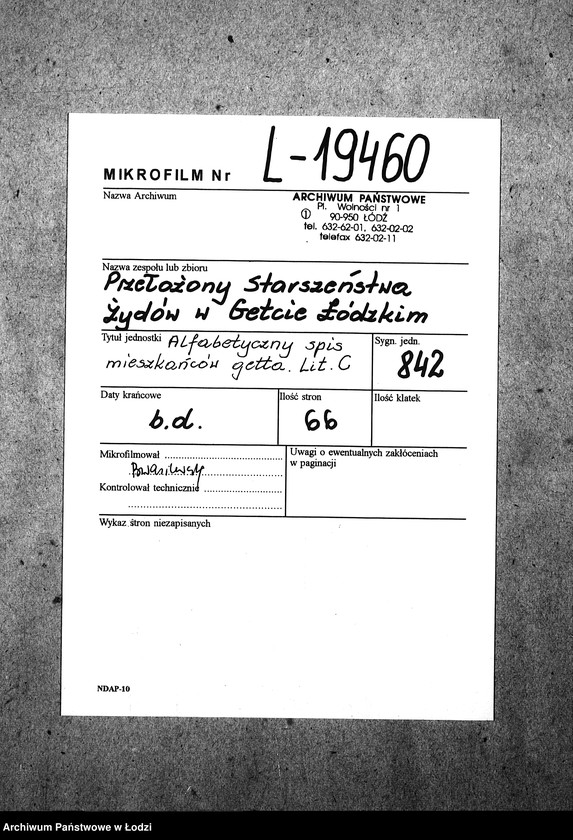 Obraz 2 z jednostki "[Alfabetyczny spis mieszkańców getta. Litera C]"