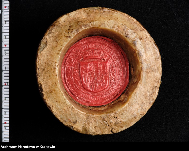 image.from.unit.number "Bona Sforza. Królowa Polski, Wielka Księżna Litewska. W polu pieczęci ukoronowana tarcza czteropolowa z herbami: polskim (prawe górne pole), Wąż Sforzów i Orzeł (lewe górne), herb mediolański i aragoński (prawe dolne), Pogoń (lewe dolne) tarczę otaczającą elementy roślinne. Otok ujęty w sznury perełek z napisem kapitalnym, renesansowym: BONA SFOR[TIA] ARAG[ONIA] D[EI] G[RATIA] REGINA POLONIE MAG[NA] DVX LITVANIE"