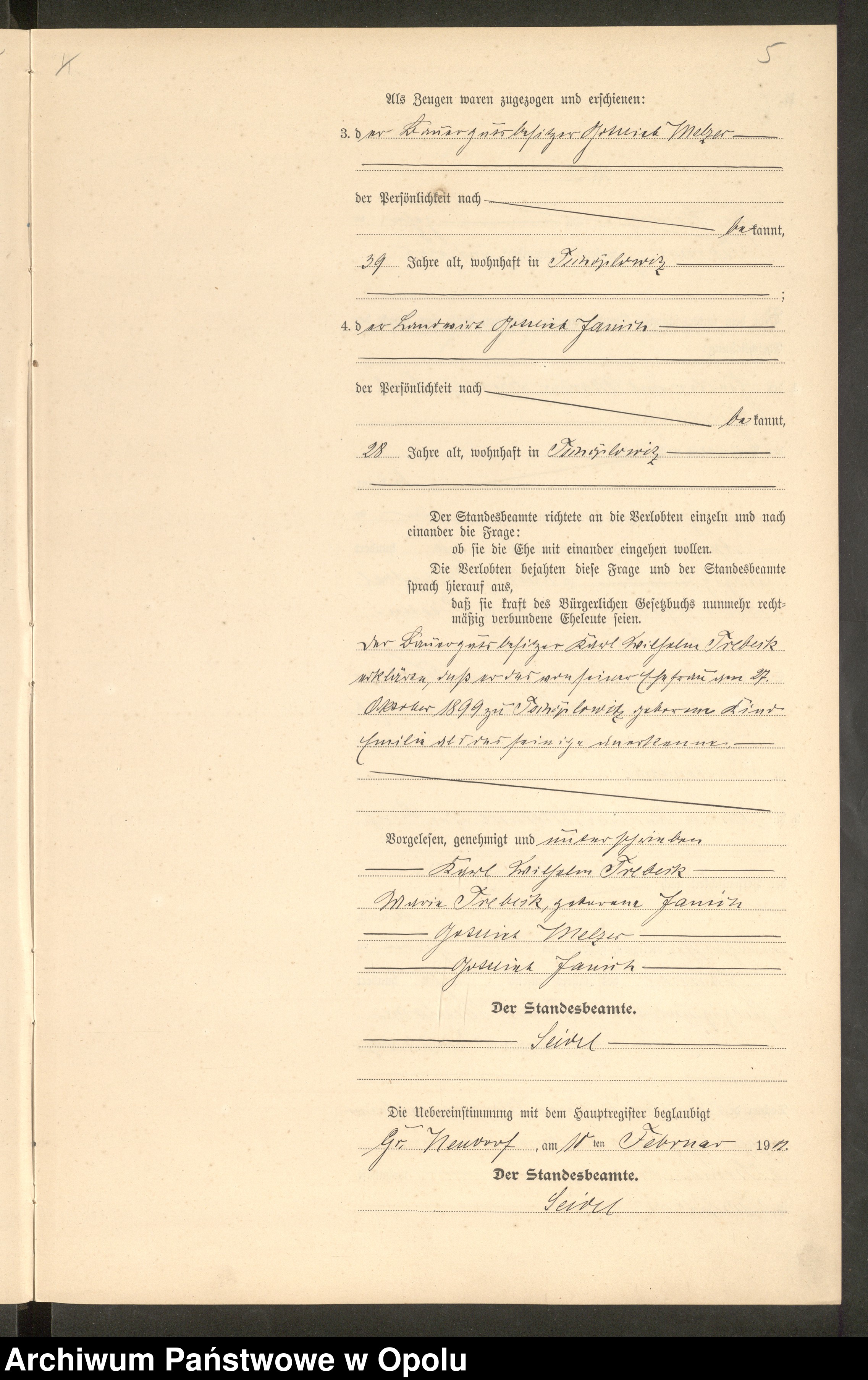 Skan z jednostki: Heiraths-Neben-Register Standes-Amt Gr.[oss] Neudorf 1901