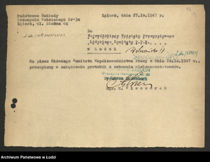 Obraz 19 z jednostki "Współzawodnictwo pracy; protokoły i sprawozdania zakładów przemysłu wełnianego"