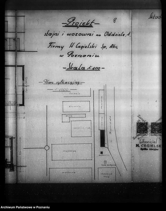 Obraz 15 z jednostki "/Projekt szatni, stajni, wozowni, i składnicy na butle tlenowe na terenie I Oddziału Fabryki H. Cegielskiego w Poznaniu/"