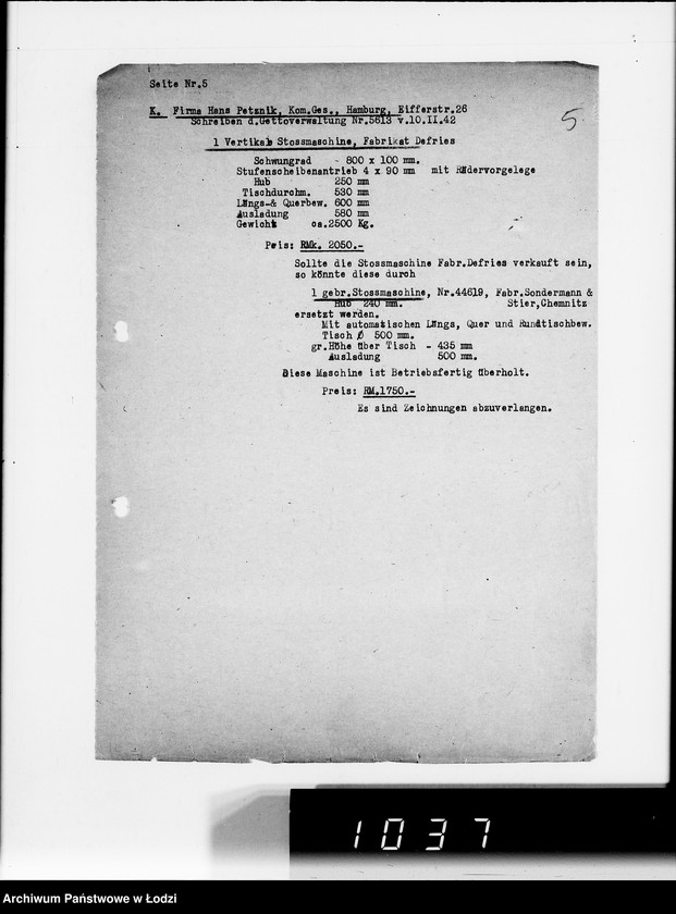 Obraz 9 z jednostki "Werkzeugmaschinen.[Korespondencja w sprawie zakupu]"