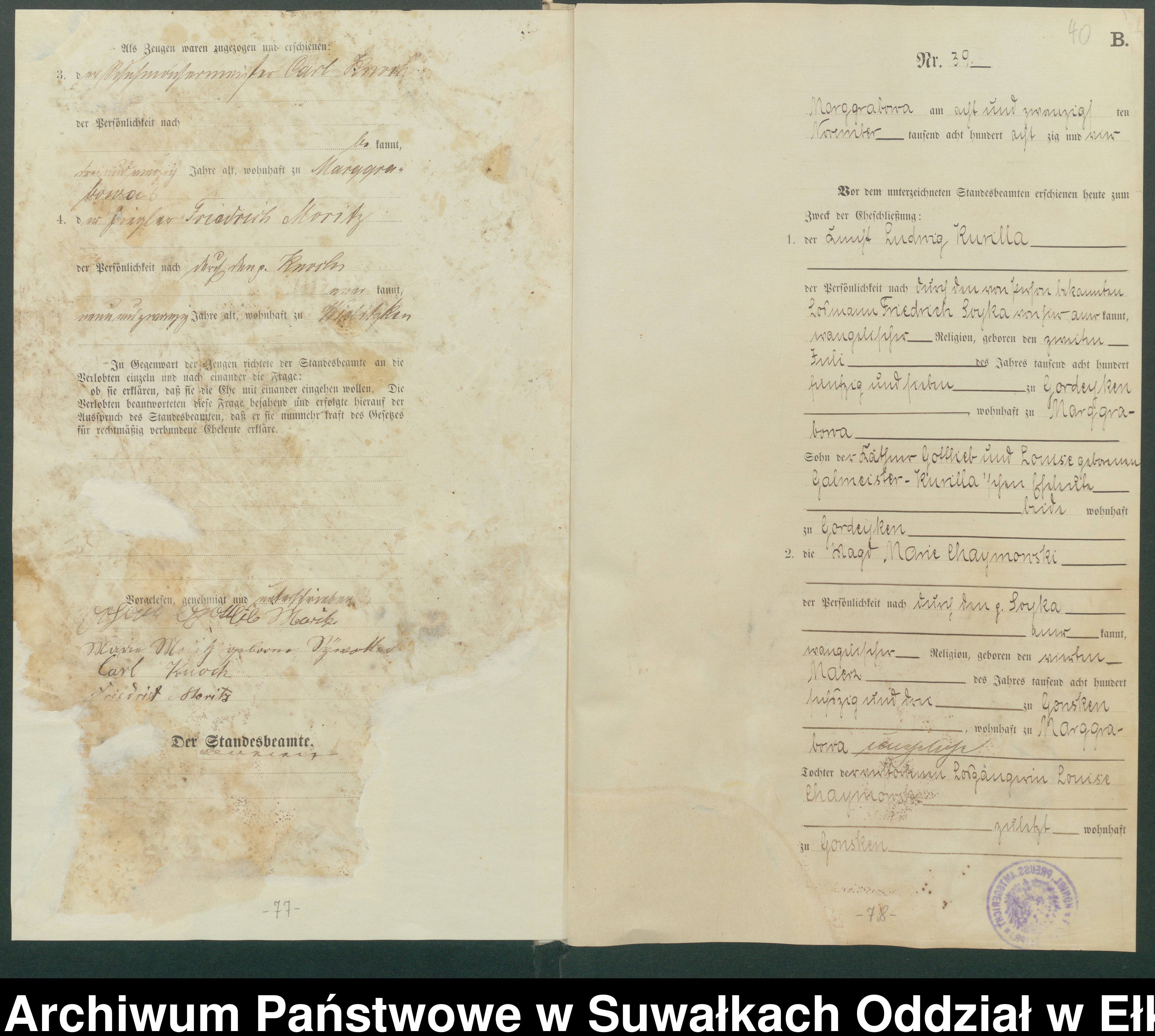 Skan z jednostki: Heiraths-Haupt-Register des Königlichen Preussischen Standes-Amtes Stadtgemeinde Marggrabowa Kreis Oletzko