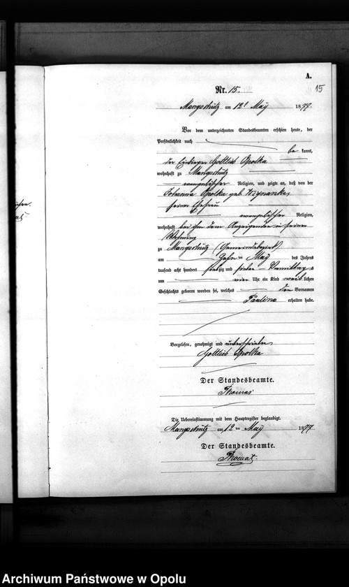 image.from.unit.number "Geburts-Neben-Register des Standesamts Mangschütz Kr.[eis] Brieg pro 1877"
