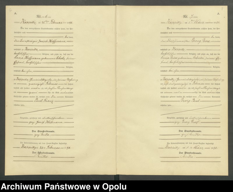 Obraz 6 z jednostki "Geburts-Neben-Register Standesamts Koppitz pro 1896"