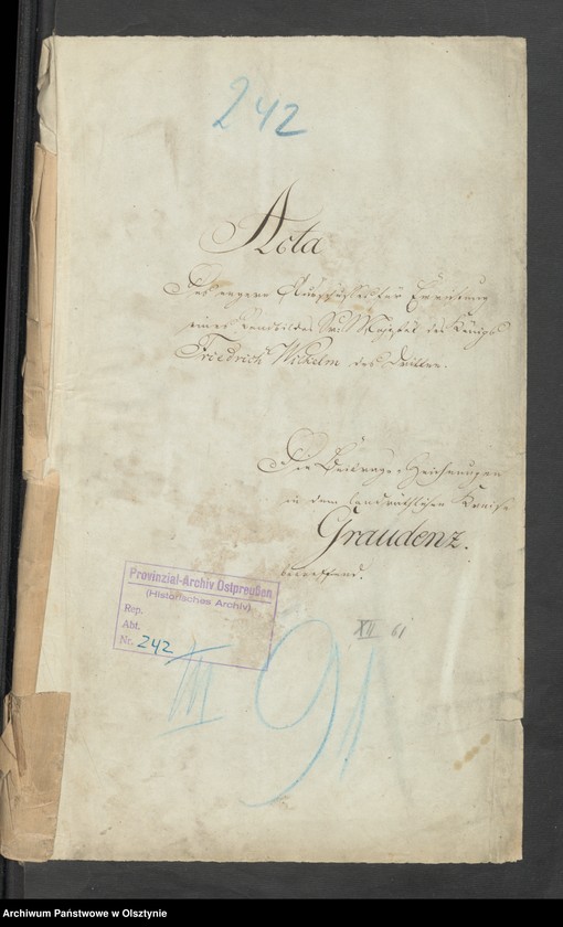 image.from.unit.number "Acta des engern Ausschußes für Errichtung eines Standbildes Sr. [Seiner] Majestät des Königes Friedrich Wilhelm des Dritten. Die Beitrags-Zeichungen in dem landrätlichen Graudenz [Grudziądz] Kreise"