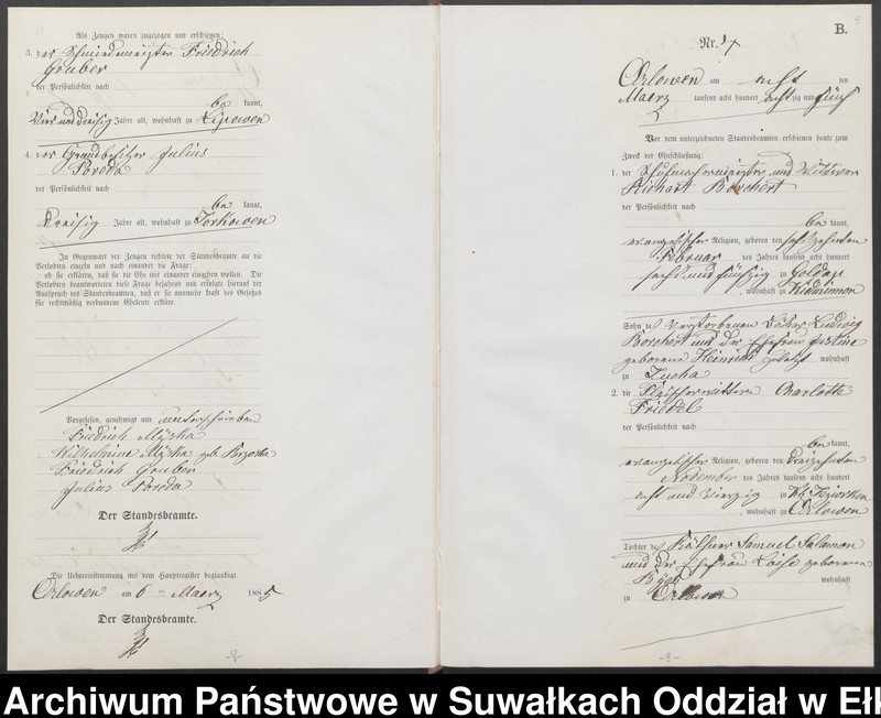 image.from.unit.number "Heiraths-Neben-Register des Preussischen Standes-Amtes Orlowen Kreis Loetzen für das Jahr 1885"