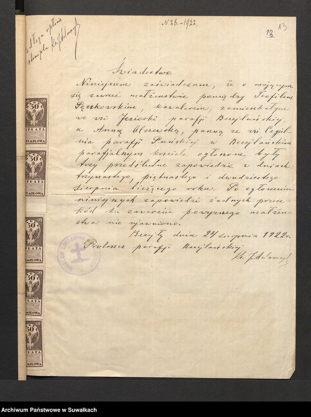 image.from.unit.number "Aneksa Do aktów zaślubionych r.kat. parafji Puńsk z r. 1922"