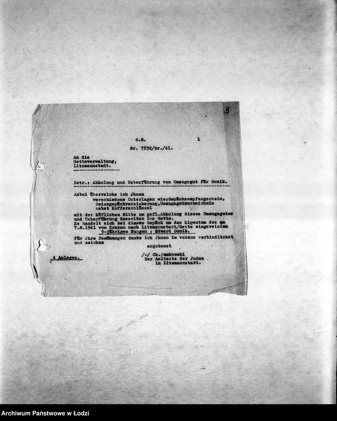 Obraz 8 z jednostki "[Korespondencja PSŻ w sprawie ruchu ludności getta, indywidualnych przesiedleń, przekazywania dzieci do getta itp.]"